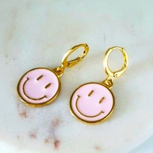 Pink And Gold Round Smiley Face Huggie Hoop Earrings